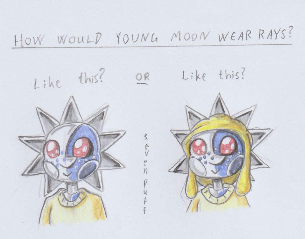 Pencil sketch on paper, with pencil colouring. 

Baby Moon from TSAMS AU, but drawn as a young teen instead of a baby. 
Drawn in a meme format in two versions. 
Left - Small smile while wearing silvery sun rays. 
Right - Small smile, wearing silvery sun rays poking through a yellow hood on his head. 

Title above says: "HOW WOULD YOUNG MOON WEAR RAYS?"
Above each head: "Like this?   OR   Like this?"