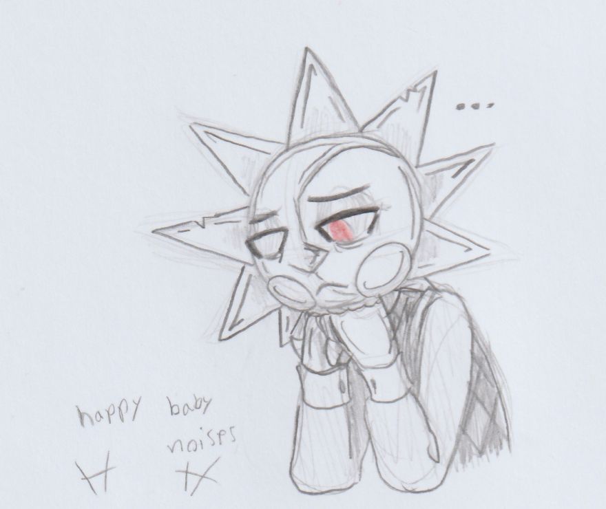 Pencil sketch on paper. 

Dark Sun from TSAMS, leaned over and resting his chin on the knuckles of his folded hands. Observing Baby Moon off screen making happy baby noises as he plays. 