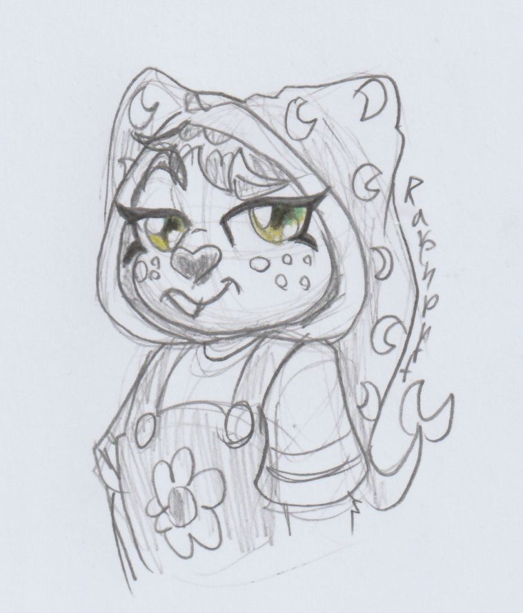 Pencil sketch on paper. 

Dazzle Deer from LAES on youtube, wearing Lunar's cap with a smug expression at the viewer

Only coloured part is her green eyes. 