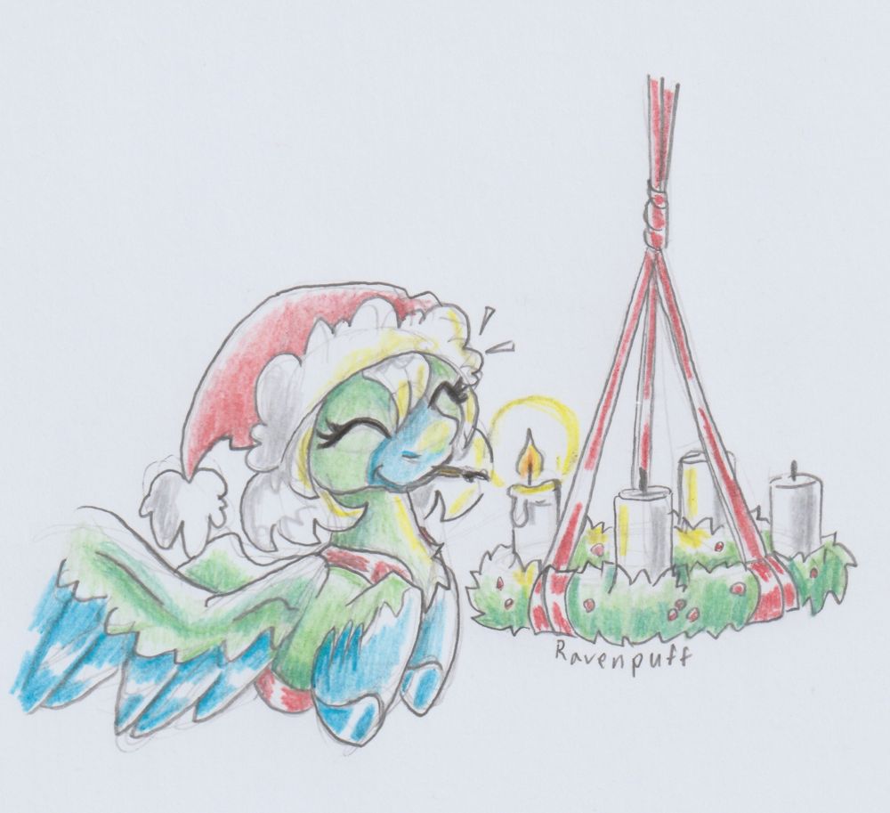 Pencil sketch on paper, with pencil colouring. 

Green and blue MLP pegasus, with white mane, in a red and white elf hat and red harness, holding a burned match stick in her mouth. Smiling at the single candle she has lit up on a wreath with three other candles not yet lit. Hanging from the ceiling by red ribbons. 