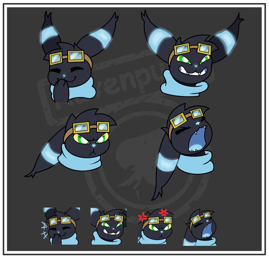 Digital art. 

A pokesona umbreon drawn with four different expressions to use as stickers. 

Top left - Happy giggles, a paw held up to mouth. 
Top right - Mischievous grin.
Middle left - Angry scowl. 
Middle right - Screm 

Bottom row is the expressions shrunk down and cropped to fit as discord emojis.