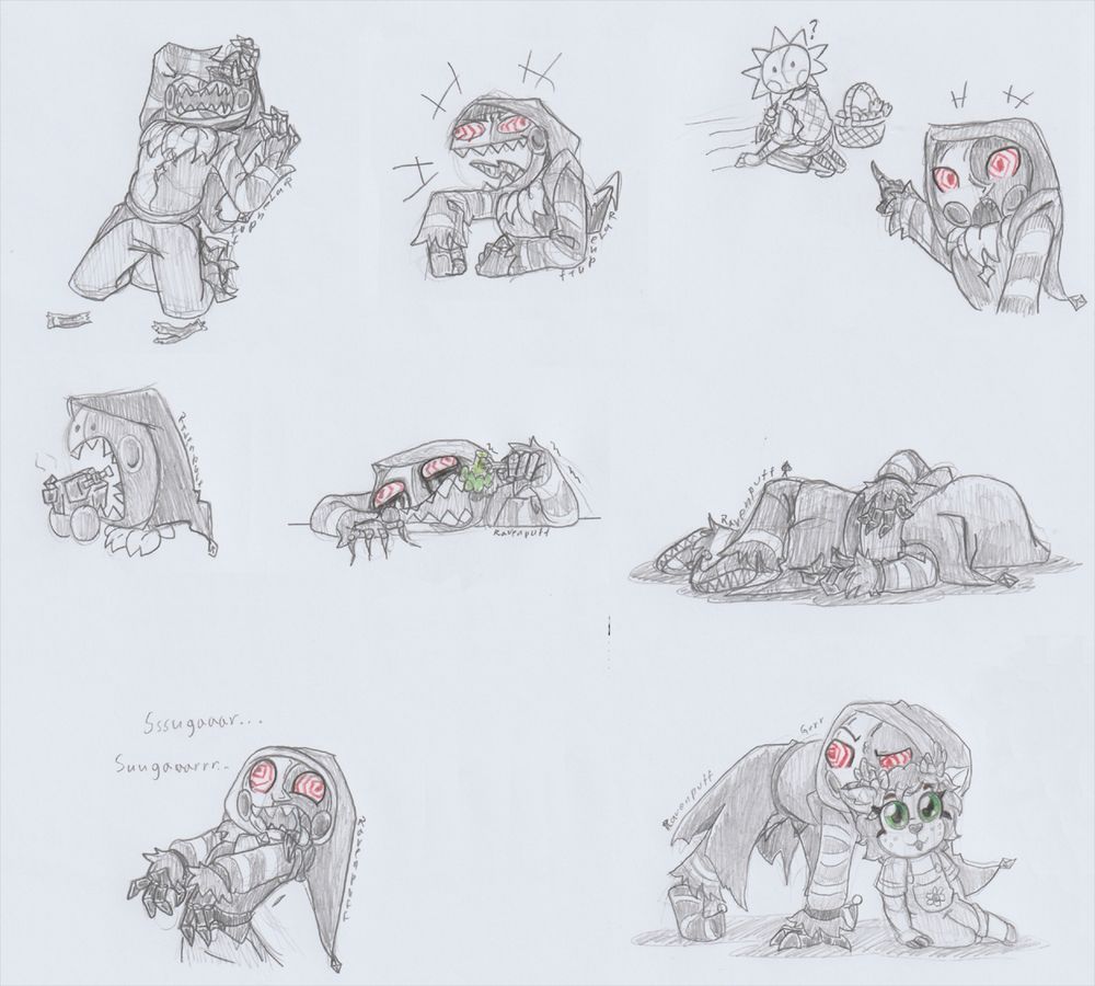 Pencil sketches on paper. 

Various doodles centered around Bloodmoon from TSAMS on youtube

Top left - Bloodmoon on his knees, head laid back as he wails dramatically, an arm over his face. On the ground in front of him is empty chocolate bar wrappers. 
Top middle - Bloodmoon laughing at something, with wide open mouth and eyes going in different directions. 
Top right - Bloodmoon looking at the audience while pointing at Sun in the background all amazed. Sun looking back confused, sitting on his knees doing garden work. 

Middle left - Comically drawn Bloodmoon about to stuff an entire Minecraft lava chicken into his mouth. 
True middle - Bloodmoon resting his head and arms on the table, claws digging into the surface, mascara running from his eyes. Looking very distressed about forcing a bit of broccoli into his mouth with a shaking hand holding the fork. 
Middle right - Family Guy death pose Bloodmoon. 

Bottom left - Bloodmoon pretending to act like a zombie, eyes looking off in different directions, head leaned back, drooling and arms head forward limply. Chanting "Suugaaarrr!"
Bottom right - Bloodmoon on all four, dragging off with Dazzle Deer by holding back of her shirt in his mouth. She seems okay with this.