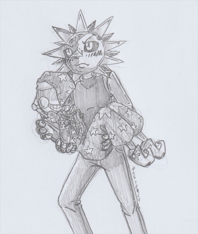 Pencil sketch on paper. 

TSAMS Eclipse in the body by KuuChaos' design for the Backstage AU, carrying Moonpea from EAPS in the traditional DCA body, in his arms. 
Looking up ahead to not acknowledge the Moon in his arms, with a blush on his cheeks while looking grumpy. 