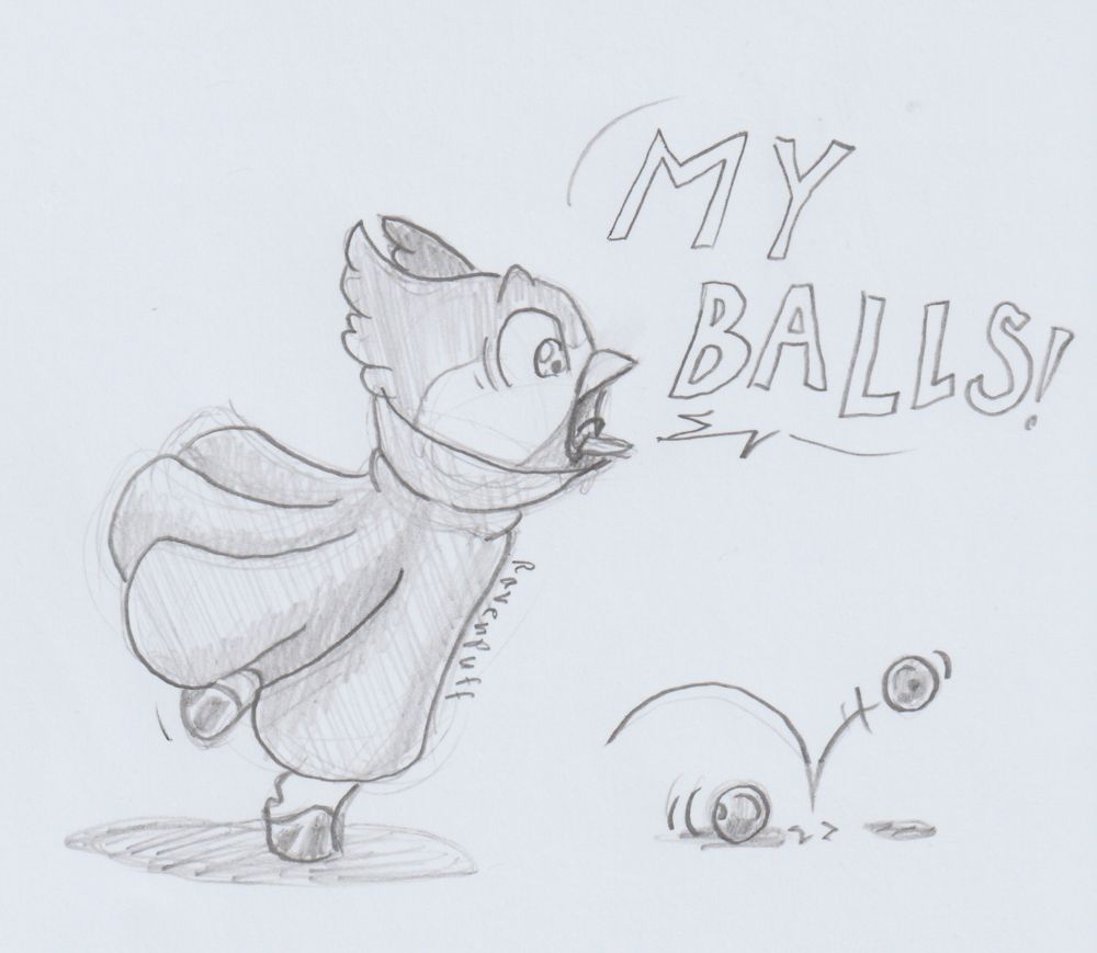 Pencil sketch on paper. 

The hippogriff sona Burd dressed up as Hornet from Hollow knight/Silksong, with his feathers done up like her horns. 
In profile to the viewer, running as he's yelling "MY BALLS!" in panic, as he chases after the beads used as currency in the game Silksong.