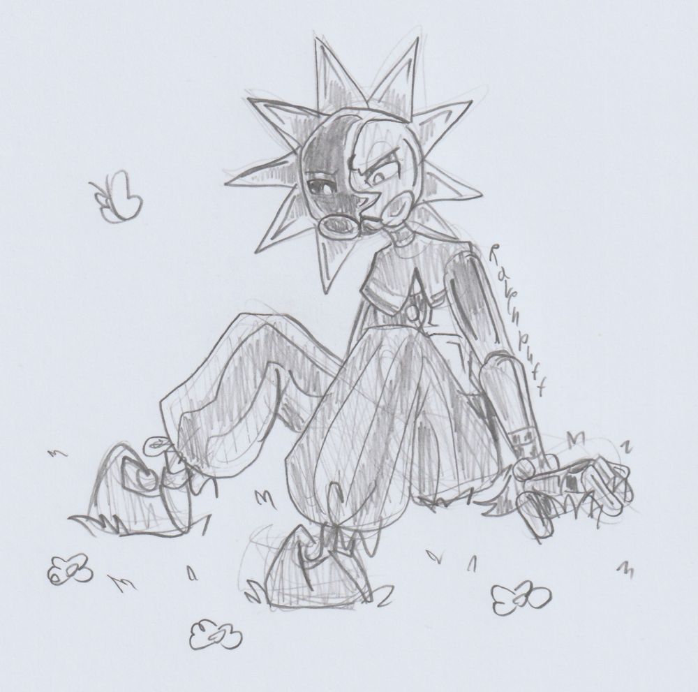 Pencil sketch on paper 

TSAMS Eclipse as he appears on EAPS on youtube, sitting in grass, among flowers, looking annoyed. 