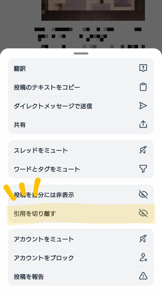 引用ポストの⋯を押した画面のスクリーンショット。引用を切り離すのところにマーキングしました。