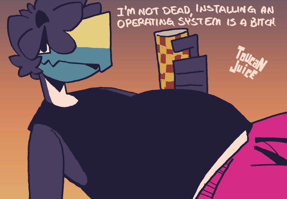 An anthropomorphic toucan with a noticeable pot belly is laying down, he is wearing a black muscle top and hot pink shorts. His belly is peeking a bit from there.