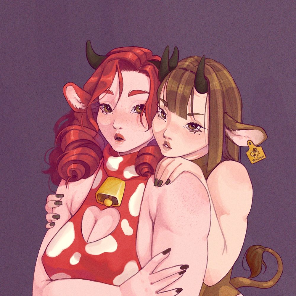 Desenho de duas mulheres com orelhas e chifres de vaca.