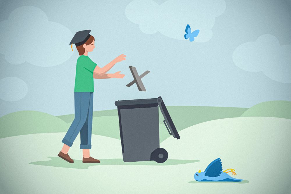 Eine Illustration zeigt eine Person mit Doktorhut, die das Logo der Plattform X in einen Müllcontainer wirft. Im Vordergrund liegt ein blauer Vogel, der symbolisch für das ehemalige Twitter steht. Im Hintergrund fliegt ein blauer Schmetterling in den Himmel, was Freiheit und Neuanfang symbolisieren soll.
