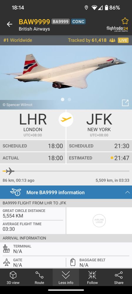 Flight Radar tracking of London Heathrow to New York flight of Concord 