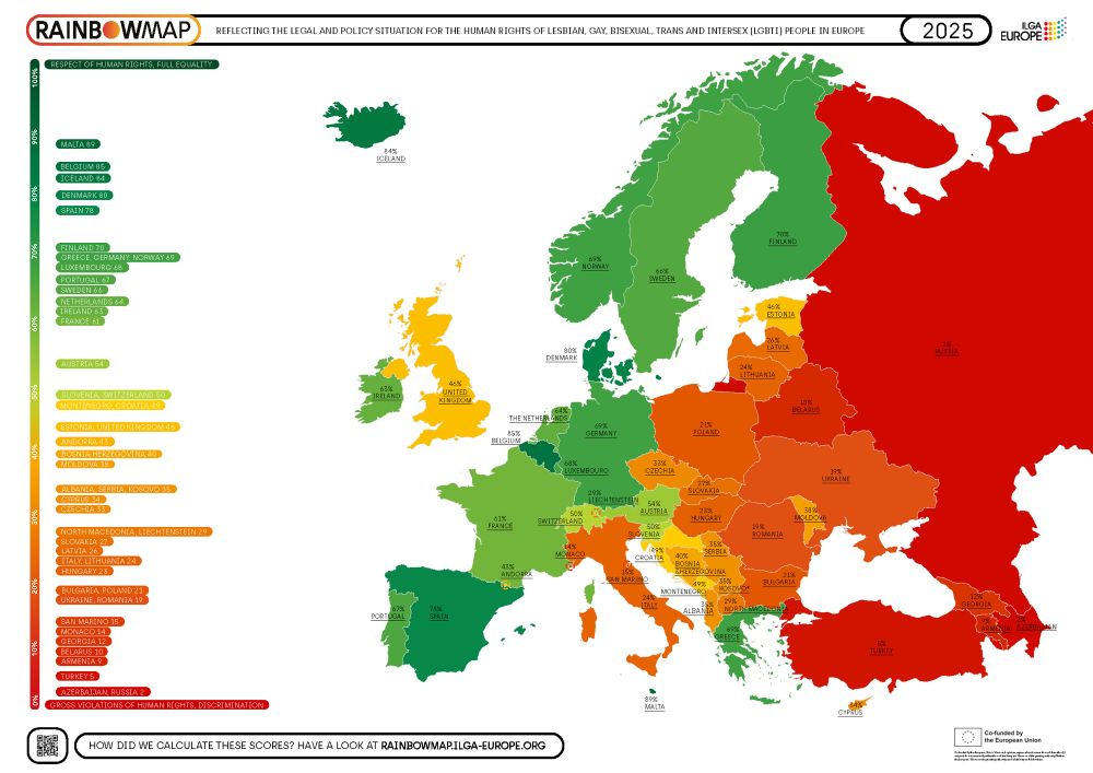 chloropleth map of europe detailing lgbtq+ rights and policies on a scale of 100 to 0