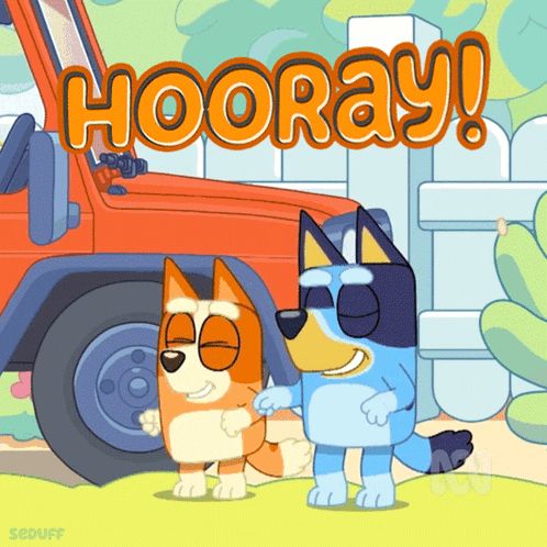 a cartoon of two dogs standing next to each other with the words hooray on the bottom