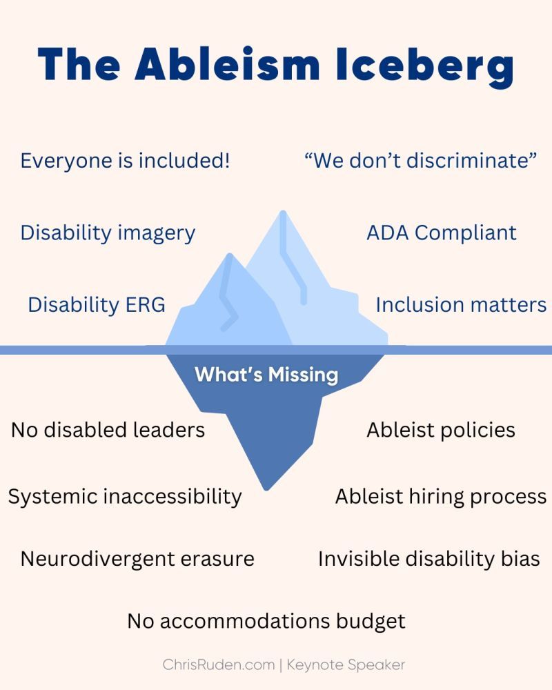 A graphic on a tan background that shows an iceberg in the middle. The title says the ableism iceberg and above the water is six statements: everyone is included, we don’t discriminate, disability imagery, ADA compliant, disability ERG, inclusion matters. Below the water it says what’s missing: no disabled bleeders, systemic in accessibility, ableist policies, ablest hiring process, invisible disability bias, neurodivergent erasure, no accommodations budget