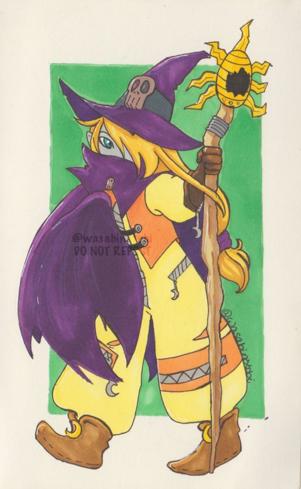 A small mage named Wizardmon against a green background. They have blonde hair, grey skin, and teal eyes. They have a purple cap with a skull, and a matching purple cape. Their body suit is cream and orange. They have brown gloves and books. Their zippers are silver and have moons one the ends. They have gold moon buckles on their boots. the have a large staff with an egg shaped orb at the top with seven spikes around it, mimicking the sun. 