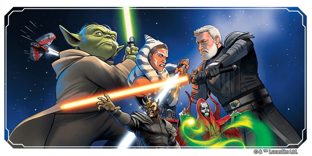 Key art for Star Wars Unlimited: Legends of the Force. Featuring Yoda, Savage Oppress, Mother Talzin and Ahsoka and Baylan locking lightsabers.
