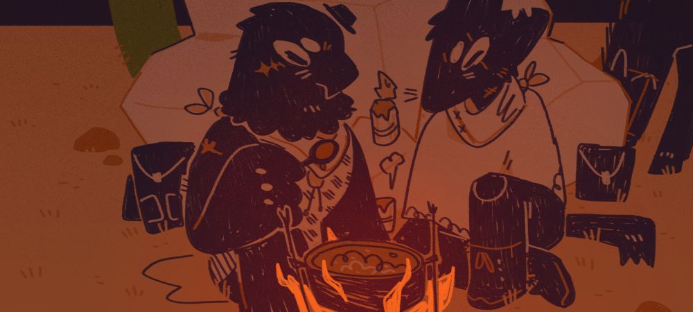 Art of a bird and coyote cowboy sat down, heating a pot of food in the desert