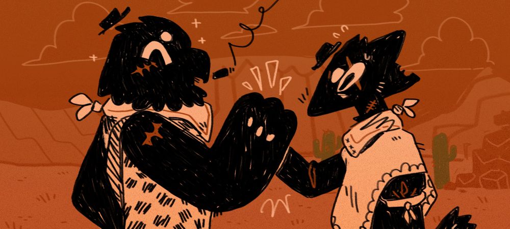 Art of a bird and coyote cowboy in a tight hug