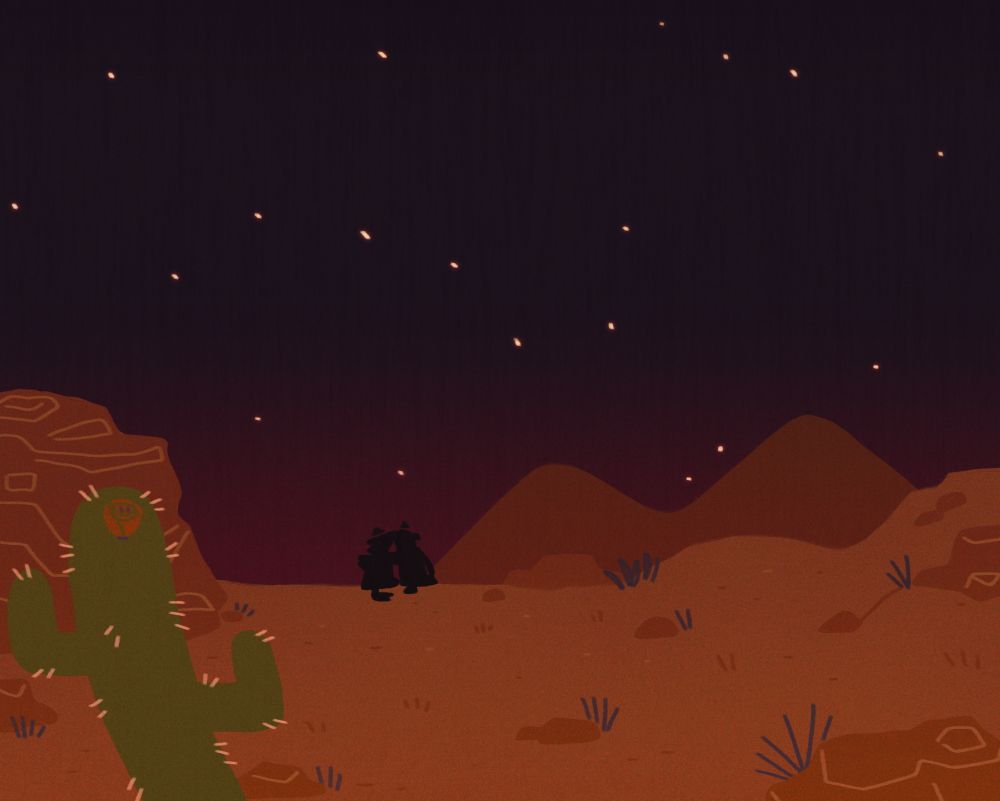 Ending screen from Lookouts. Robin and Joseph silhouettes sit on an rocky outcropping with a big night sky above them.