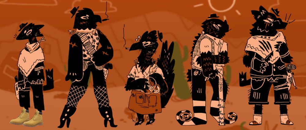 Various characters from the game Lookouts edited to have silly legs drawn on. Robin has real timbs photoshopped on, Joseph has fishnets and high heels like Patrick Star, Bart has two small Barts for feet, Sheriff has curly striped stocking feet like the Wizard of Oz, and Curly has socks with sandals.