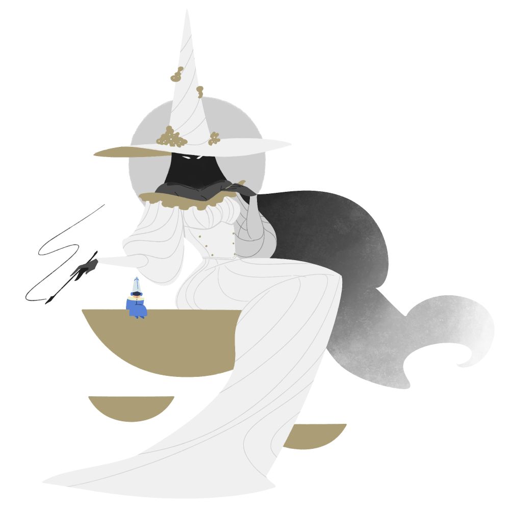 Witch of swords wearing in her casual dress. and tiny hatman