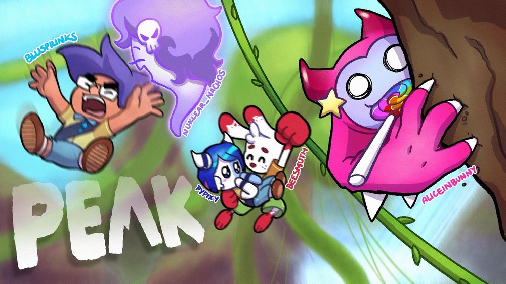 aliceinbunny gripping a wall. me falling while nuklear's ghost laughs at me. miz swings from tree to tree with py in their arms