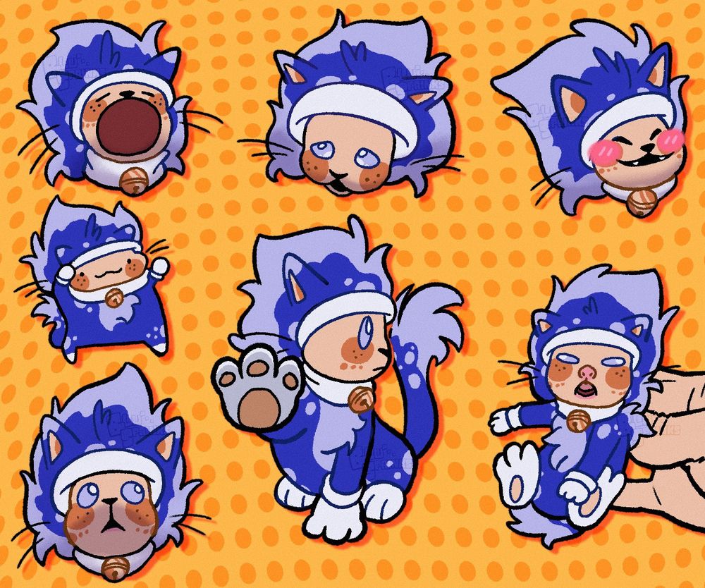 Mewlo in various cat reactions. Top-Left: Cat Pop. Top-Center: Sad. Top-Right: Blushing. Center-Left: Dancing. Bottom-Left: Shock/Disbelief. Bottom-Center: No Speak. Bottom-Right: Gremlin Kitten