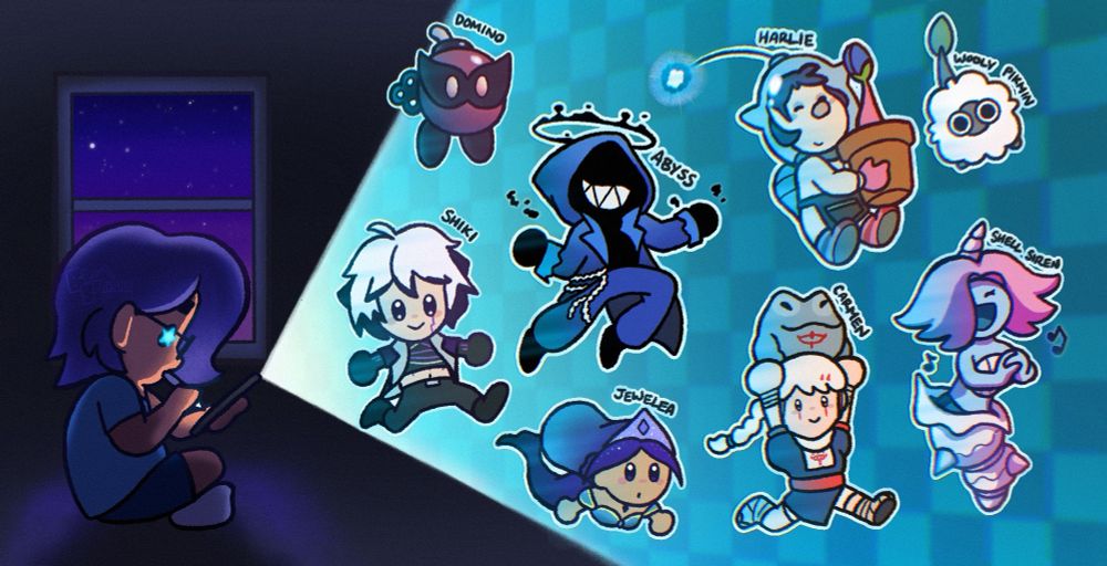 me, BluSprinks, drawing some of the last of the characters i wanted to get to before Art Fight 2025 ends. i'm sitting in front of a window with the night sky shining through while the characters jump out of my ipad