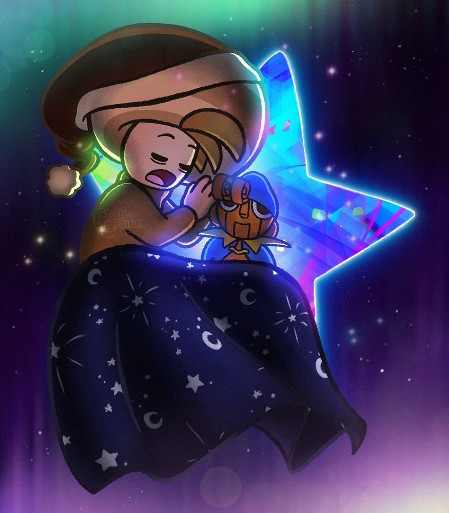 Nutt T in a slumber with their Geno doll on top of a star piece.