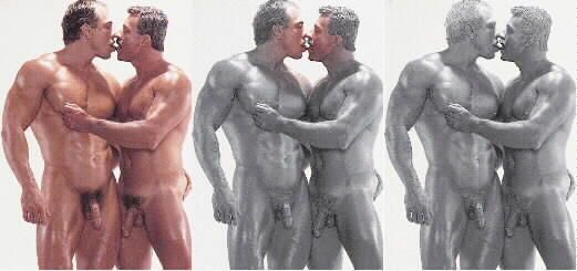 A three pane photo manipulation of two older muscular nude men kissing. Both men are in three-quarter profile to the camera. The left man's body lightly touches the right man. The man on the left is about to kiss the man on the right their mouths about to touch, their tongues are touching. Their noses are touching. Their eyes are closed. The left man's left  arm is loosely holding the right man as his hand caresses his lower back. The left man's right arm hangs loosely at his side. The right man's left arm is extended and fondling the left man's right nipple. Both of their cocks are flaccid. The left pane shows the two men as flesh. The center pane shows the two men almost completely turned to stone, only their faces remain flesh.  The right pane shows the two men completely turned to stone. 