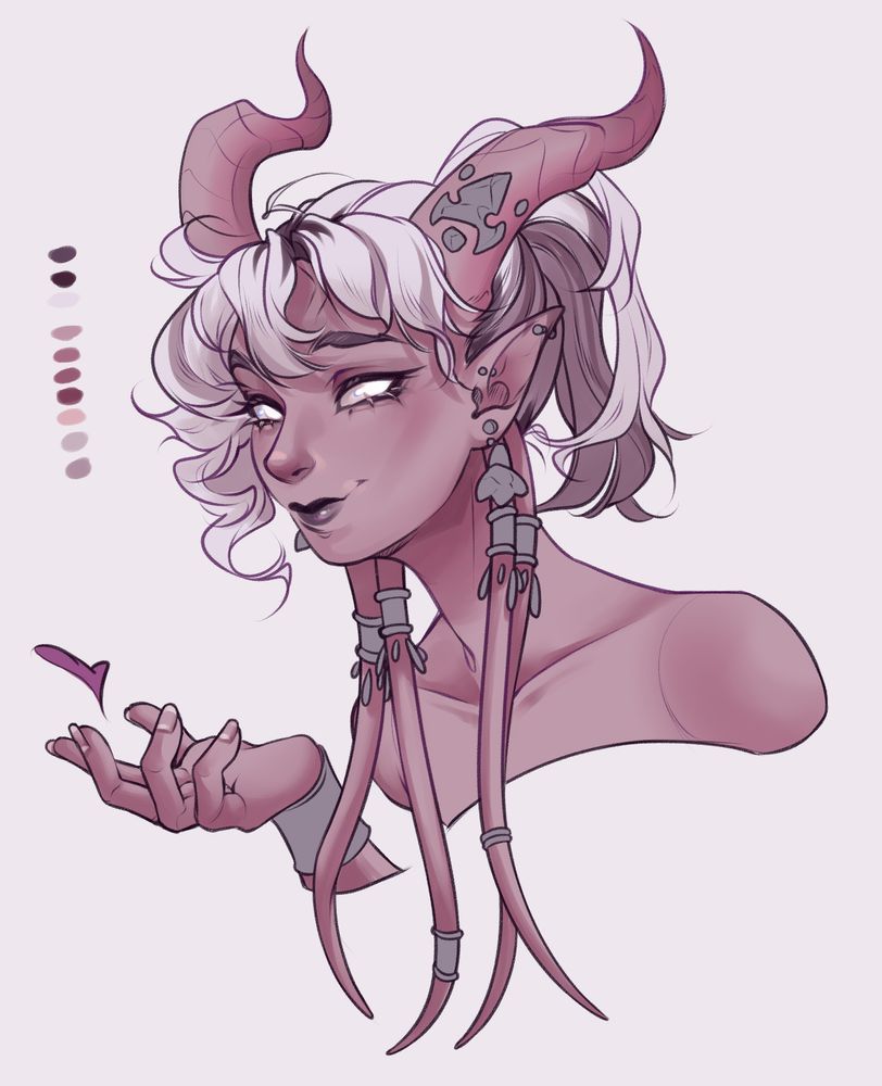 A slightly unfinished portrait of a customized draenei character from World of Warcraft. Her hair is up in a ponytail and dyed white with her dark, faded purple roots beginning to bleed through. Her skin is a dusty pink color. She has silver jewels adorning her tentacles, ears, wrist and a single horn.