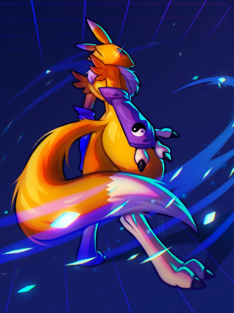 Renamon standing in the middle of a diamond storm on a blue background