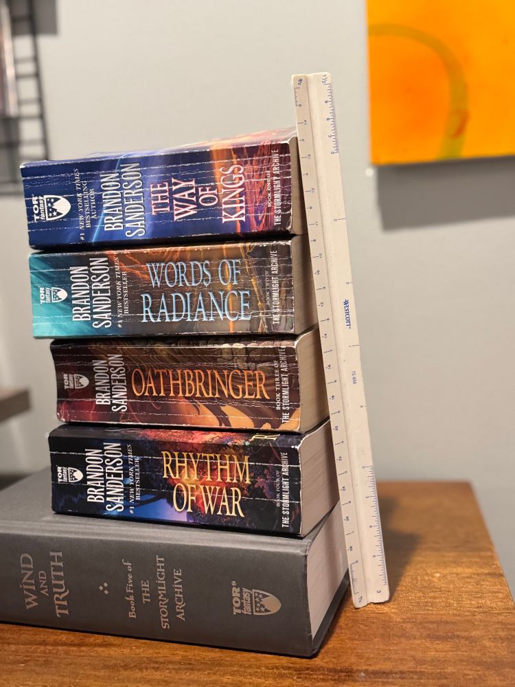A picture of all five books in the stormlight archive series by Brandon Sanderson 