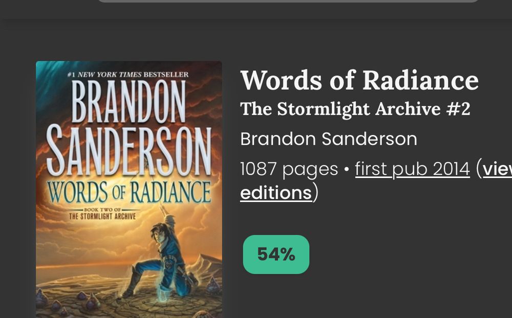 Screen shot of the book “words of Radiance” by Brandon Sanderson