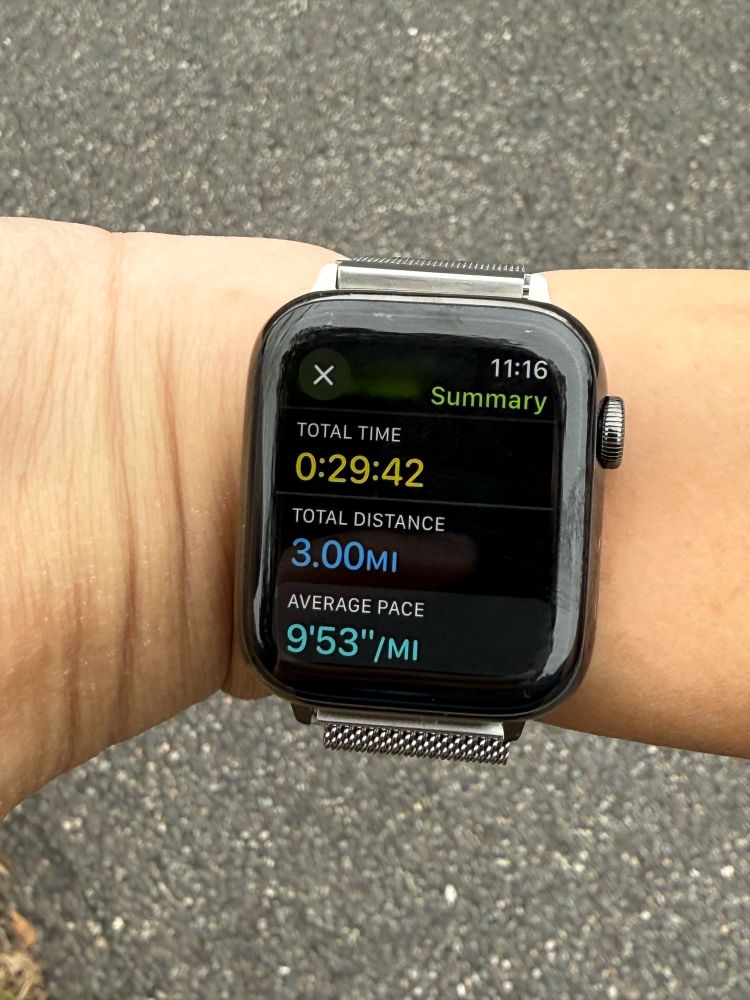 Smartwatch readout of outdoor jog
Time 29 minutes 42 seconds
Distance 3 miles
Pace 9 minutes 53 seconds per mile