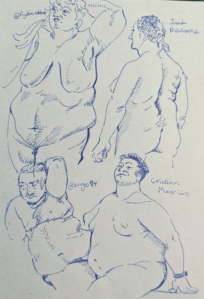 Four figure studies of fat models.
In the upper left, @fugitiverabbit, with their arms over their head, their face tilted upward. In the upper right, a drawing of Jack Newhorse from behind, showing the curves of his back.
In the lower left, @svrge94 (from X), with a hand behind his head, looking to the side, showing off his top surgery scars.
In the lower right, Christian Mauricio, sitting down with his hand supporting him, smirking at the viewer.
