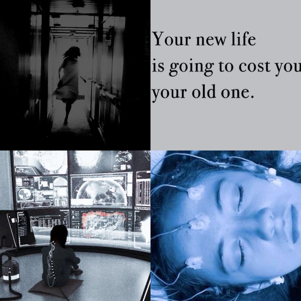 A four picture collage:
Top Left: a girl in a hospital gown running down a hospital corridor
Top Right: the quote “your new life is going to cost you your old one.”
Bottom Left: a girl attached to wires along her spine is watching a series of science fiction looking computer projections 
Bottom Right: a girl with her eyes closed, wires placed around her head, the image has a blue hue. 