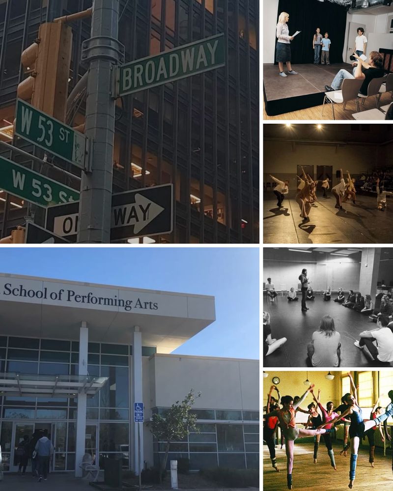 6 Panel Photo Collage for my story’s setting—a performing arts high school. 

Top Left: a photo of Manhattan street signs, Broadway and W 53rd Street. There’s also One Way signs and a traffic light facing away.
Bottom Left: a photo of a front entrance for a School of Performing Arts 

Top Right: a scene of an acting class in progress. 4 humans are on stage and one man sits in the audience directing a scene. 
2nd Right: a scene of a contemporary or lyrical dance class in progress. 
3rd Right: a scene of a class in progress. A group of students sit in a circle and a teacher stands in the center teaching. 
Bottom Right: a scene of dancers dancing from the 80s movie Fame. 