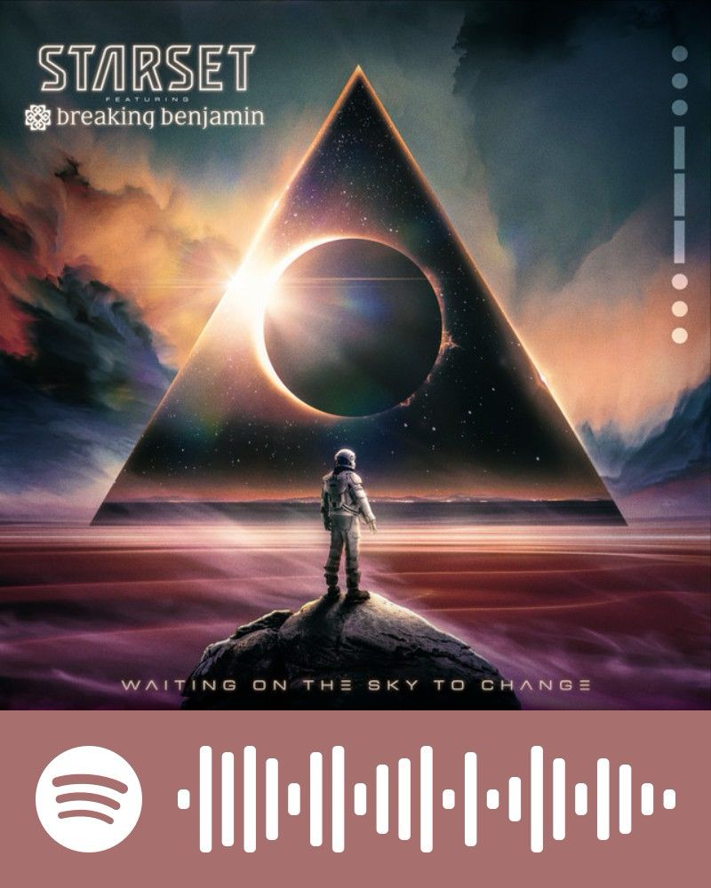 The Spotify Code for the song Waiting On The Sky To Change by STARSET and Breaking Benjamin. The album art is very space influenced with an astronaut standing on a rock starting at a galactic triangle with a moon inside. The reason for posting is to share what the opening credits song would be for my novel Glitch. 