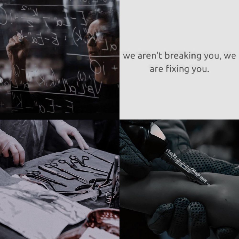 A four picture collage:
Top Left: a man wearing glasses writing math equations on a see through clear white board.
Top Right: the quote “we aren’t breaking you, we are fixing you.”
Bottom Left: a selection of surgical tools laid out in front of a gloved man. 
Bottom Right: a needle piercing the skin of a person by a man wearing gloves. 