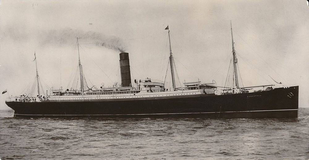 A black and white image of the RMS Carpathia - the ship that broke every rule about how hard her engines could go to get there in time to rescue passengers of the Titanic. A big goddamn hero moment.
