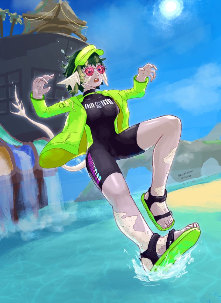 a colored drawing of Nanobi, a female Au Ra, about to land in the ocean off a waterslide. She is wearing a hi-vis green lifeguard jacket and visor, sporting some red-tinted glasses and a wetsuit underneath. 