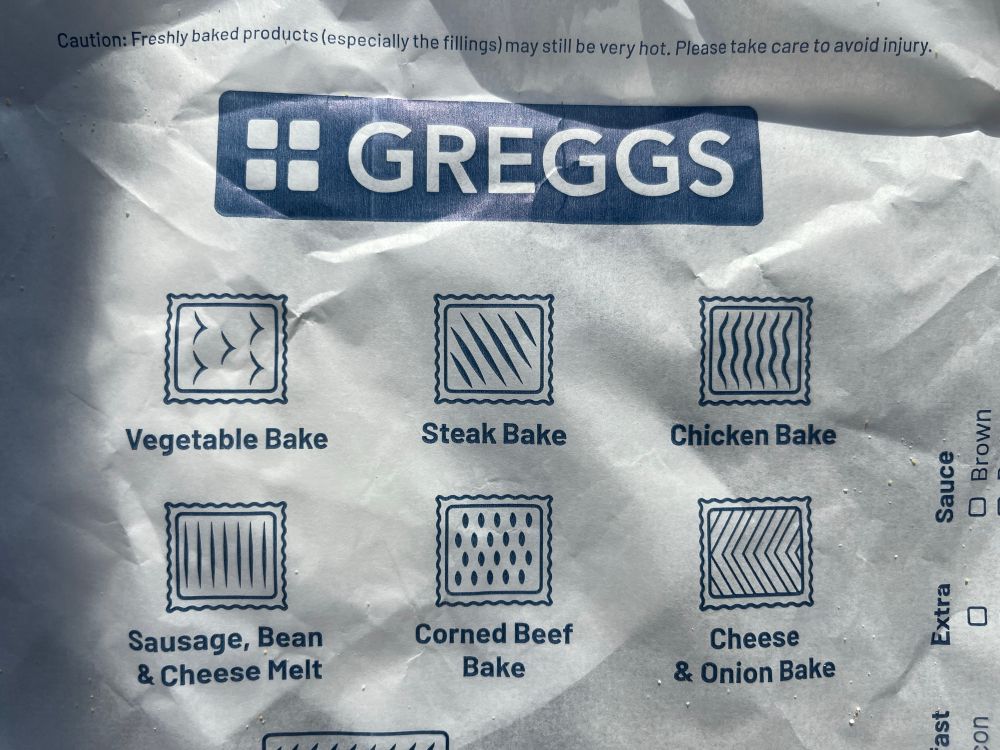 A Greggs bakery paper bag with a list of their pastry products on. Each slice has its own markings to signify what it contains, with an icon to show.
