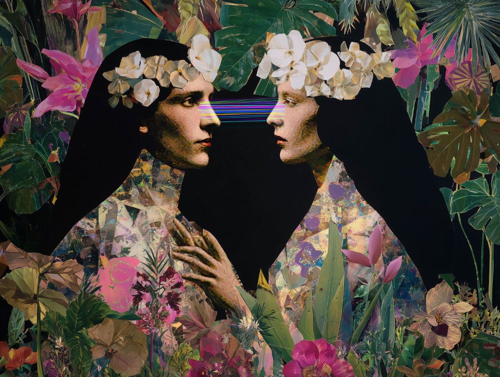 a.i. art in collage style. Two people stare into each other's eyes in a botanical jungle atmosphere of cut/torn paper. Lasers are going between their eyes, lit up like a spectrum.