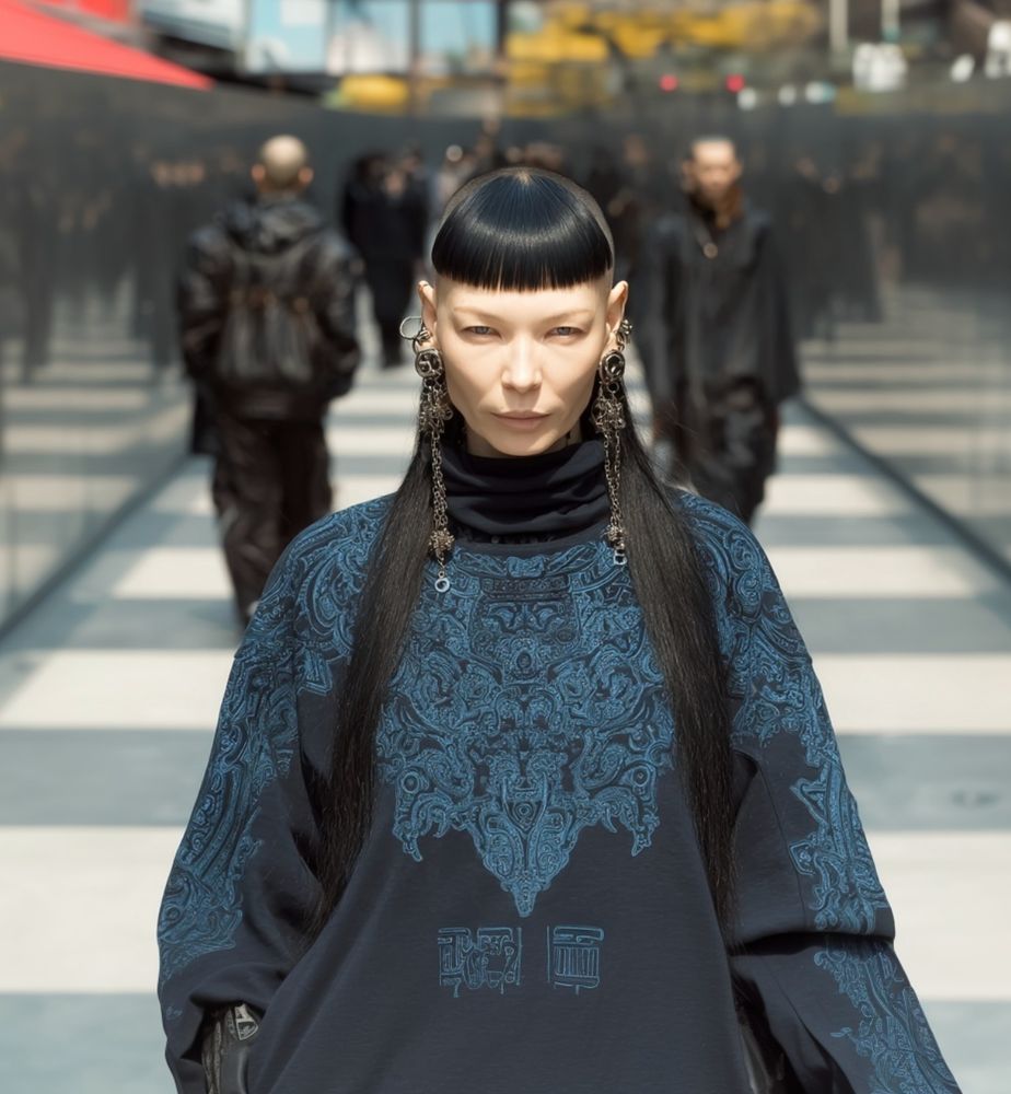 runway model in a streetwear outfit, urban grunge, punk, so many earrings. It's a sweatshirt printed with some asian themed grunged 
damask.