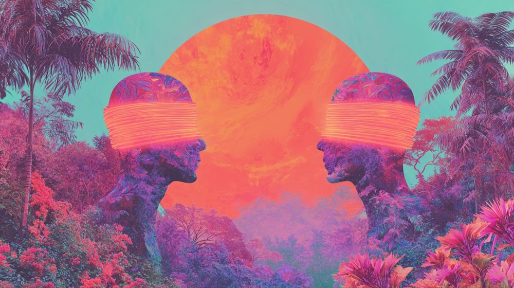 a.i. art in vaporwave art collage style. infrared forest of palm and flowers. two people's heads in profile, pointed to look at each other. but each one has eyes and head covered in neon orange light wraps.