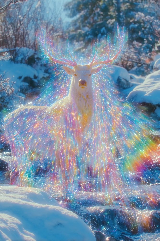 a.i. art phot style. an elk stag standing in a stream in winter with snow on the ground. there are arrays of streaks of prismlike rainbows coming off its body.