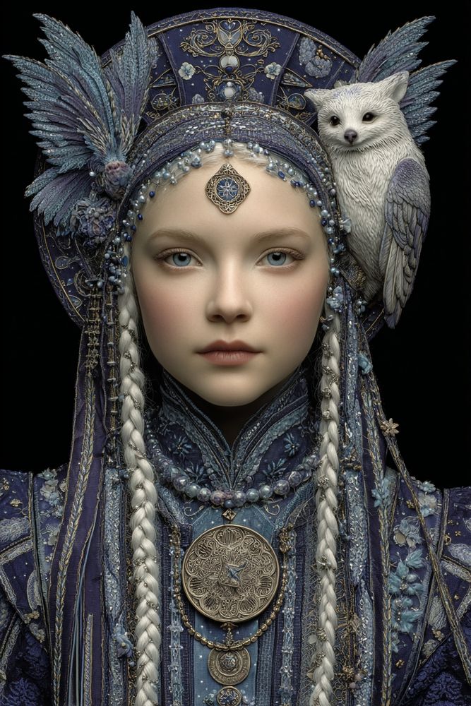 a.i. art of a portrait of a girl wearing regal clothing from the days of fairy tales. medallions and pearls, long braids, full headcovering with some feather tufts and a hybrid owl creature on her hat.