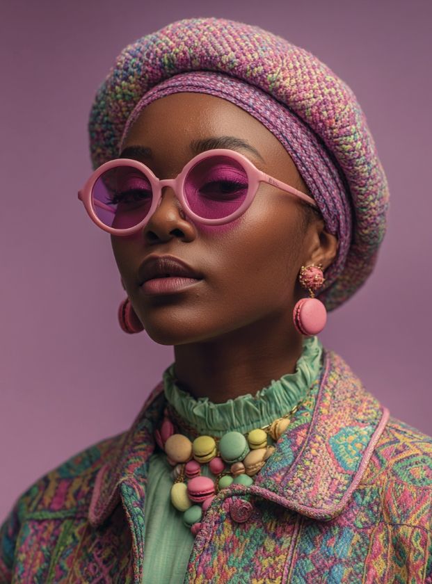 a.i. art photographic style, of a Black woman wearing muted pastel colors; a knitted hat and sweater with macaron themed necklace and earrings.