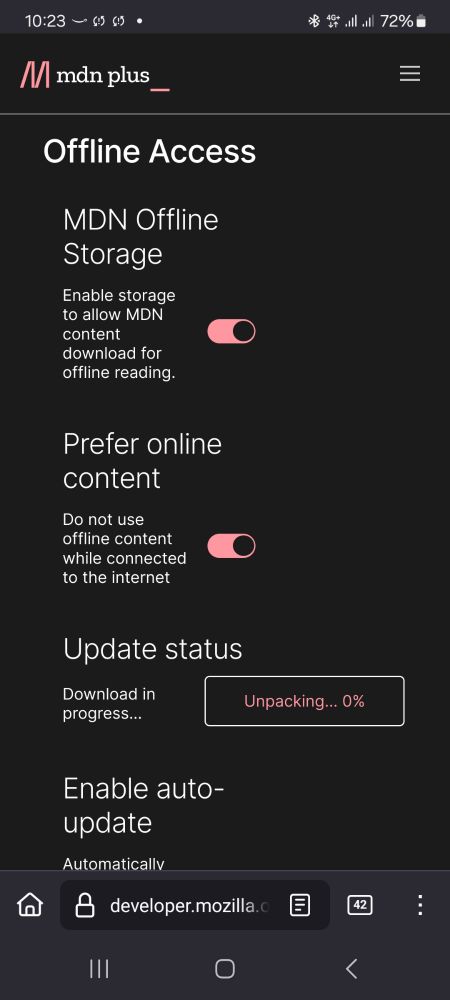 MDN Plus offline settings screenshot.