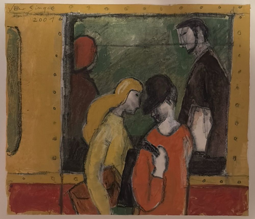 Aquarell der Malerin Vera Singer aus dem Jahr 2001. Zu sehen sind ein Mann und eine Frau, wie sie vor einer S-Bahn stehen. Der Mann hat einen Rucksack, die Frau eine Mappe unter dem Arm. Es ist eine typische Berliner Szene in den Farben, gelb rot und grün. 